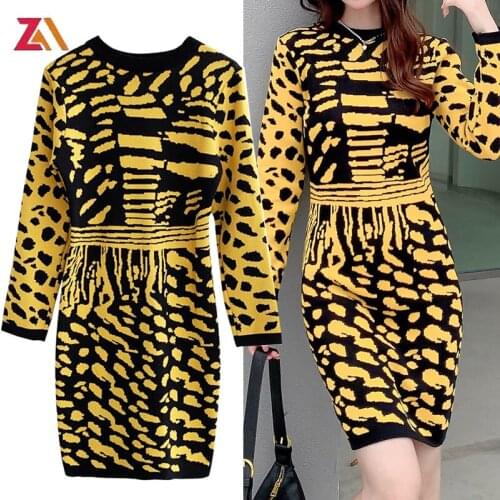 ZALady vintage Leopard autumn winter knitted mini dress fashion elasticity long sleeve o-neck traf women casual dresses vestidos