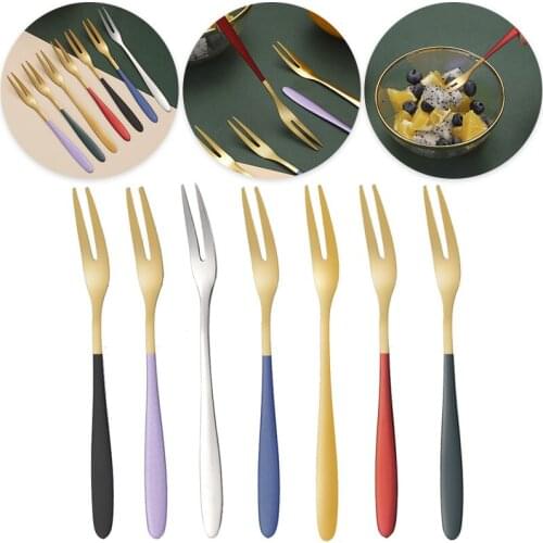 1pc Stainless Steel Fruit Fork Two-tine Gold Fork Portable Tableware Multiple Use Snack Cake Dessert Forks Cafeteria Home Flatw