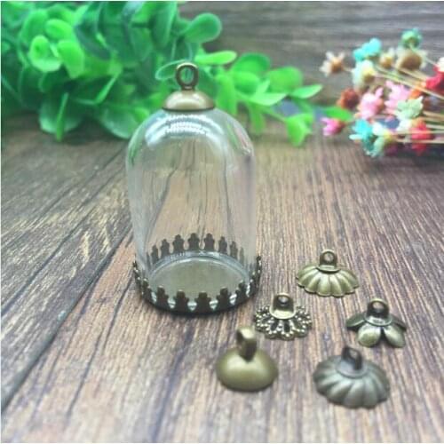 20sets/lot tube shape 30*20mm glass globe bronze color small crown base beads cap glass vial pendant glass bottle accessories