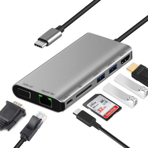 8 in 1 Type-C to RJ45 Ethernet VGA HDMI-Compatible Jack 3.5 USB SD TF PD3.0 Charge dock station with Multi-functions