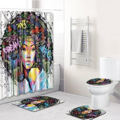 American style African sexy curls woman pattern waterproof shower curtain bathroom with hook anti-slip mat toilet mat set