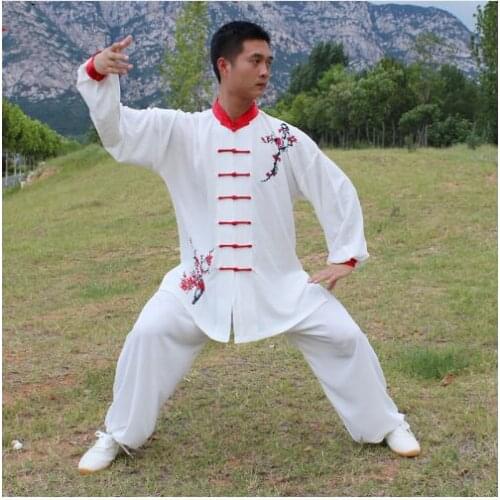 White Chinese Style Plum Blossom TaiChi Long Sleeve KungFu Uniform Wushu TaiChi Uniform Taichi Clothes Man Woman