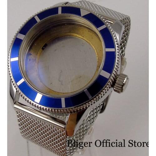 BLIGER 46MM Automatic Steel Watch Case fit ETA 2836 Mingzhu 2813 Rotating Bezel Mesh Strap