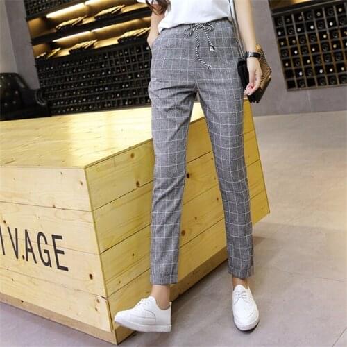 Women Harem Pants 2021 Spring Summe Fashion Female Elastic Waist Casual Plaid Pants Loose Vintage Ankle-length Trousers
