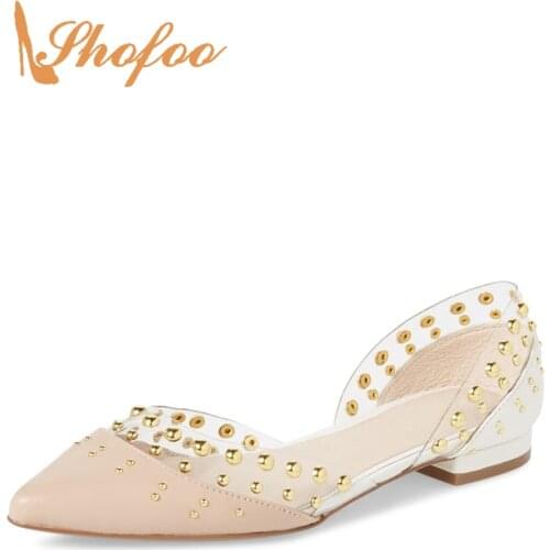 D'orsay Pink Rivets PVC Closed Pointed Toe Shallow Flat Woman Large Size 11 16 For Ladies Summer Dress Clear Shoes Fashion Sweet