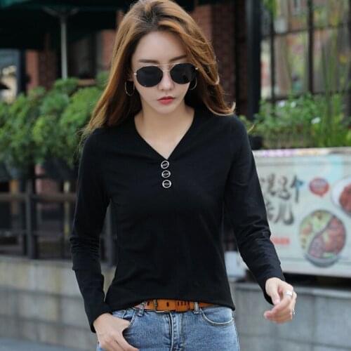 GGRIGHT Long Sleeve Shirt Women 2019 v-neck button Solid color Woman Tshirt Female Vogue Cotton T-Shirt Korean T-Shirt Femme