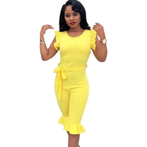 Sexy Summer Playsuits and Jumpsuits Women O-neck Sleeveless Ruffles Knee Length Bodysuit Casual Jumspuit Shorts Romper Overalls