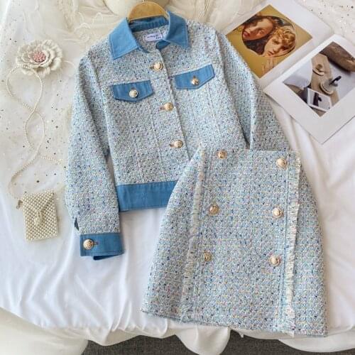 Fall Winter Tweed Two Piece Set Women Crop Top Denim Stitched Short Jacket Coat + Skirts Sets High Quality Vintage 2 Piece Suits