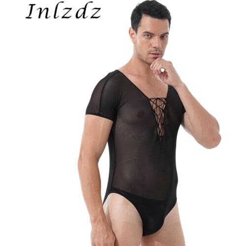 Mens Lingerie See-through Mesh Bodysuit Crisscross Lace-up Deep V Neck Pajamas Clubwear Front Short Sleeve Sheer Leotard Teddies