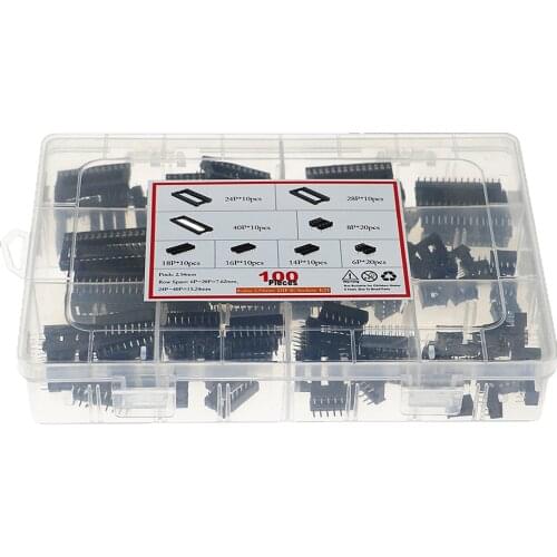 100Pcs/Box 2.54mm Pitch DIP IC Sockets Solder Type Adaptor Assortment Kit (6/8/14/16/18/24/28/40 Pins)
