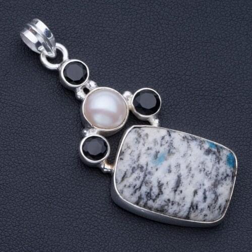 Natural K2 Azurite,River Pearl and Black Onyx Punk Style 925 Sterling Silver Pendant 2" P0788