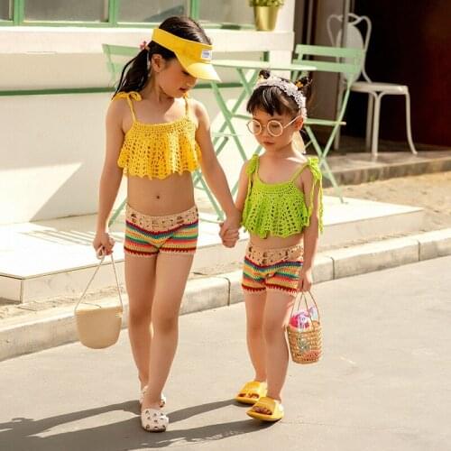 2021 New Handmade Crochet 2PCS/SET children swimsuit ruffles crop top+ colorful short bottom swimwear beachwear
