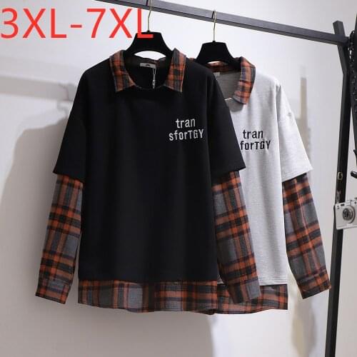 New Ladies Autumn Winter Plus Size Tops For Women Large Long Sleeve Casual Loose Plaid Black Cotton T-shirt 3XL 4XL 5XL 6XL 7XL