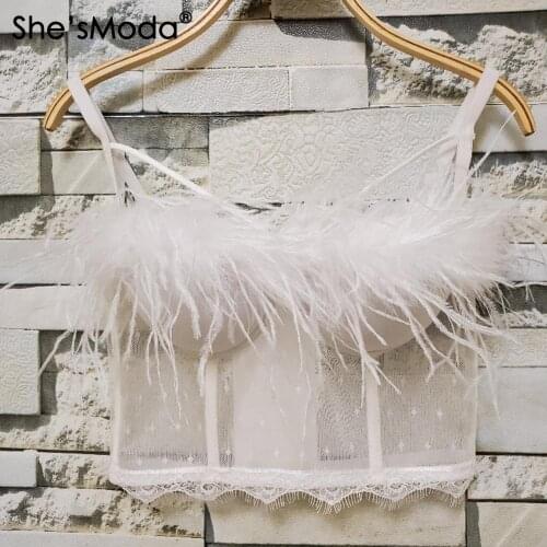 ShesModa New Eyelash Lace Ostrich Feather Bustier Womens Bralette Cropped Top Vest Plus Size
