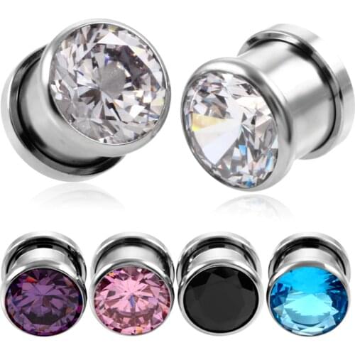 PAIR Stainless Steel Top Quality Crystal Zircon Ear Tunnels Plug Screw Fit Colorful Ear Flesh Gauge Ear Expanders Jewelry