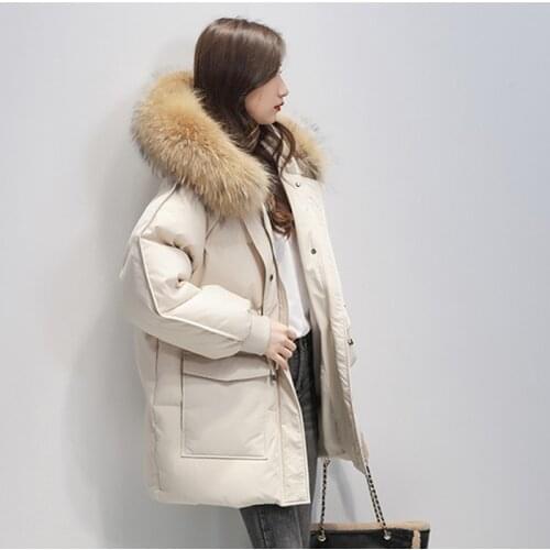 Down Brand New Jacket 2021 Winter Womens Thick Raccoon Fur Hooded Down Coat Female Brand Drawstring Black Down Jacket