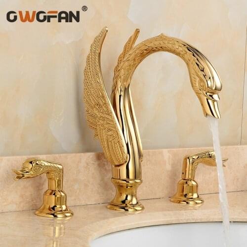 Luxury Bathroom Basin Faucets Gold Finish Swan Home Decoration Tap Dual Handle Three-hole Modern Washbasin Crane Tap LH-16831