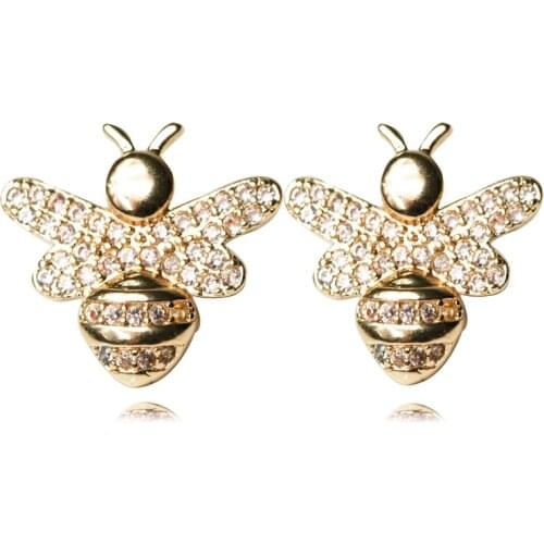 Danity Female Bee Earring Studs CZ Micro Pave Zirconia Gold Color Honey Ear Pins Beach Jewelry