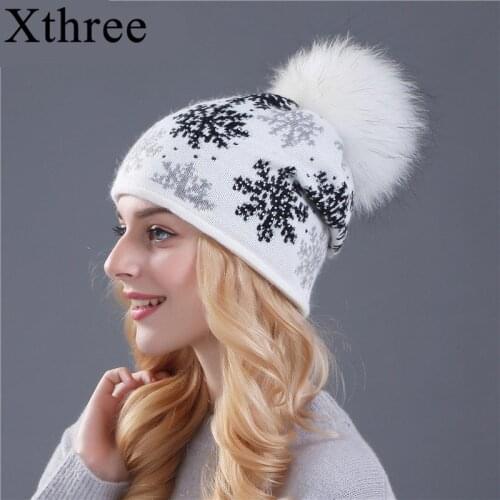 Xthree Real Mink Pom Poms Wool Rabbit Fur Knitted Hat Skullies Winter Hat for Women Girls Hat Beanies Christmas snow Hat
