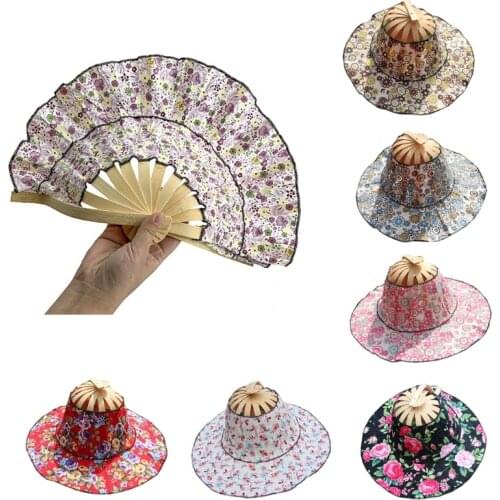 2 in 1 Sun Hat Multifunction Bamboo Foldable Hand Fan Sun Hat Adjustable Hat to Handheld Folding Fan for Traveling