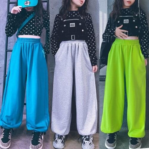 Children Kids Neon Green Hip Hop Sweatpants Trousers Wide Leg Harem Pants For Girls Jazz Dance Loose Costume Clothes 12 14 Years