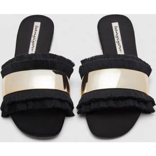 Cozy Shoes Women rhinestone Slippers Fashion Metal Bling Slides Fur Fringe Flip Flops Summer Flat Slides Outside Ladies Shoes