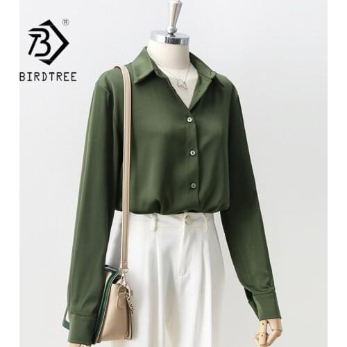Women Autumn New Elegant Full Sleeve Green Satin Blouse Turn-Down Collar Vintage Button Up Shirts Fall Spring Basic Tops T17102F