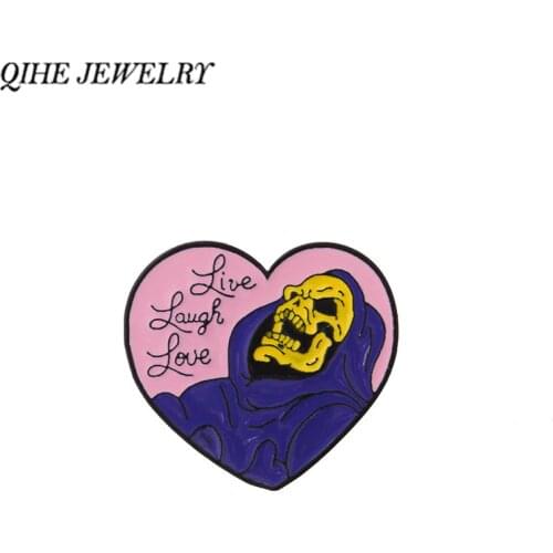QIHE JEWELRY Pink Heart SKELETOR Pins SKELETOR Brooches Enamel pins Badges Lapel pins Skeleton jewelry Punk jewelry