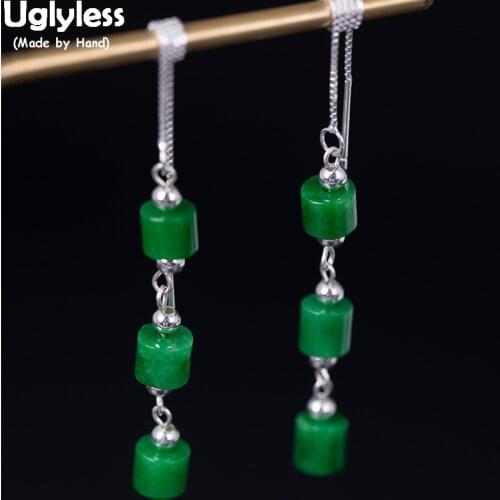 Uglyless 100% Real 925 Sterling Silver Long Ear Lines Natural Jade Beading Earrings for Women Ethnic Summer Wild Earrings Gems