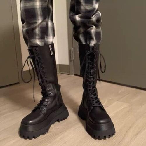 Rimocy Autumn Winter Chunky Platform Boots Women Waterproof PU Leather Knee High Boots Woman Thick Bottom Lace Up Long Booties
