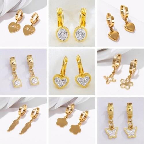2019 New Stainless Steel Earrings Heart Animal Flower Rhinestone Gold Hoop Earrings for Women Titanium Hoops 19 Styles
