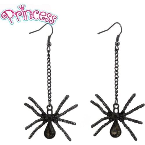 PrinSis Fashion Jewelry Hallowmas Black Spiders 7.5cm Long Dangle Drop Earrings ZZI Women Girls Lady Unique Costume Freeshipping