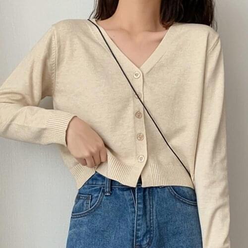 Women Solid Color Long Sleeve V Neck Cardigan Sweater Buttons Short Knitwear