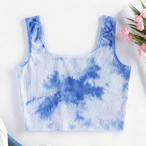 Ladies Tie-dye Sleeveless Sling Crop Top Cotton Stripe Print Sling Blouse Vest Summer Women Casual Basic Short Tank Corset Tops