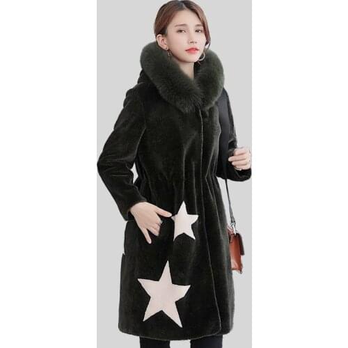 Women Winter Real Wool Coat Long Sheep Shearing Jacket Natural Fox Fur Collar Hooded chaquetas invierno mujer YQ1571