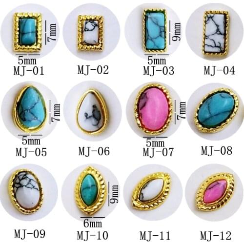 20pcs/pack metal nail art rectangle drop tear oval leaf with turquoise stones 3d jewelry gel nails sticker decoration art tools