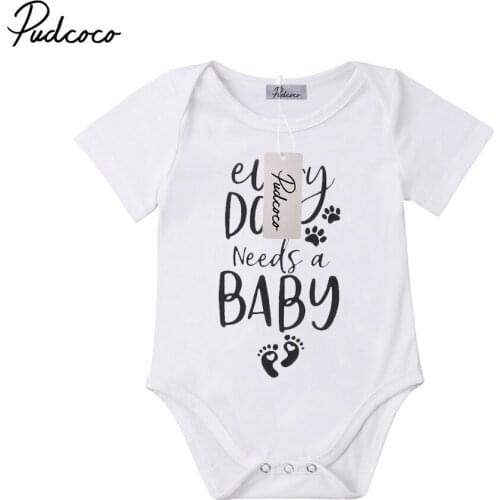 2019 Summer Infant Kids Baby Girls Boys Short Sleeves Footprint Bodysuit Dog Jumpsuit Playsuit Letters Casual Outfits Clothing