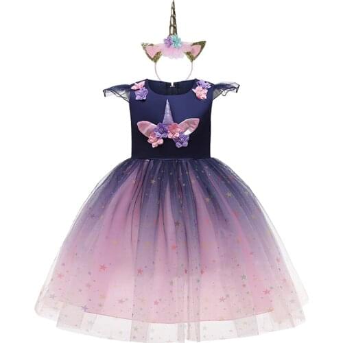 2021 New Unicorn Lace Cosplay Princess Dresses For Girls Christmas Costume Party Dress New Year Children Birthday Present