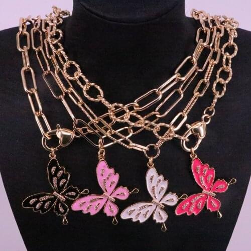 3PCS, CZ Micro Pave Enamel Butterfly Statement Necklaces Pendants Woman Link Chain Gold Color Chunky Jewelry