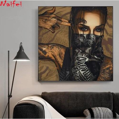 DIY Diamond Painting Wearing Mask Tattoo Girl Full Square/Round Drill Diamond Embroidery Portrait Pattern Mosaic Wall Art Decor