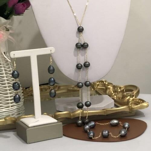 Cring Coco 3 PCS Jewelry Sets Hawaiian Polynesian Natural Pearls Long Earrings Chain Necklaces Bracelets Set for Women Wedding