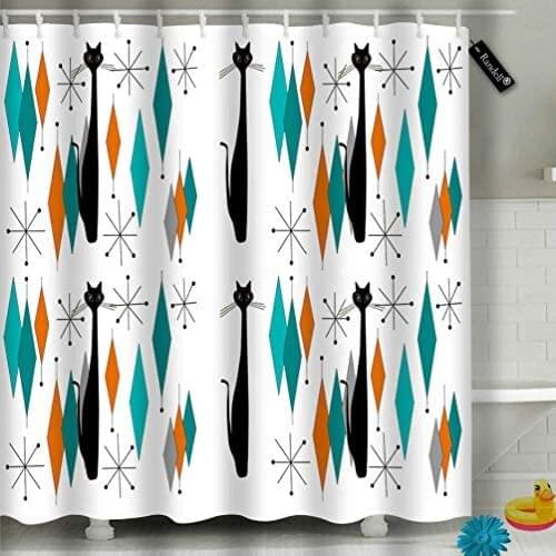 Decor Shower Curtain Set Mid Century Modern with Black Cat Bathroom Accessories