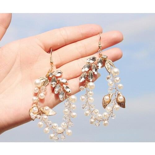 Efily Handmade Leaf Pearl Earrings for Women Accessories Fashion Gold Crystal Drop Earring Party Prom Jewelry Bridesmaid Gift