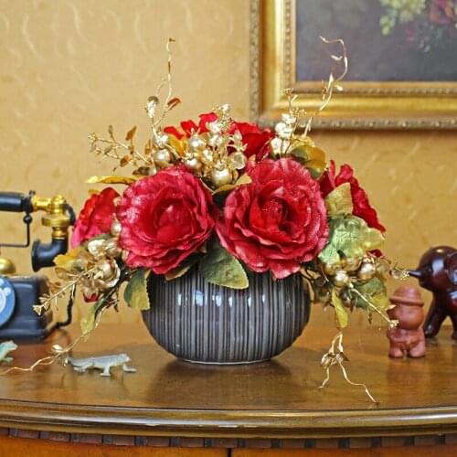 European Ceramic Vase+Artificial Flower Set Decoration Home Livingroom Figurines Craft Office Desktop Silk Fake Flower Ornaments