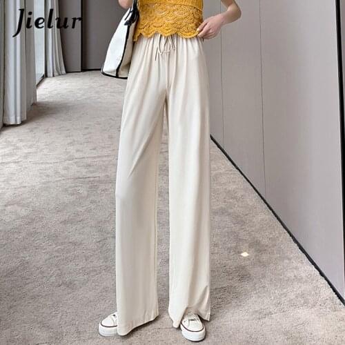 Jielur Basic Ice Silk Trousers Women Summer 2021 New Solid 4 Colors High Waite Loose Pants Wide Leg Pants Pink Grey Soft Femme
