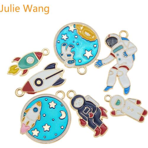 Julie Wang 7PCS Enamel Astronaut Rocket Charms Mixed Aerospace Gold Tone Necklace Bracelet Earrings Jewelry Making Accessory