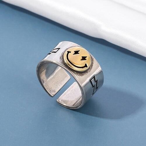 Smiley Ring Opening Adjustable Hip Hop Punk Style Thai Silver Lightning Five-pointed Star Ring Couple Jewelry