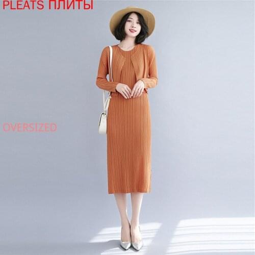 Miyake Fold Sunscreen Shirt + Dress Female Summer New Loose Large Size Wild Show Thin Two-piece Set Female Dress Suit Shirt Set