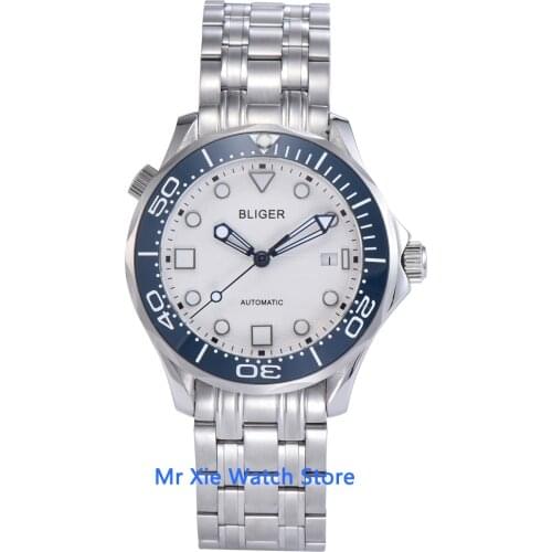 Bliger 41mm White Dial Mens Automatic Mechanical Watch Luminous Sapphire Crystal Date Indicator Wristwatch Men
