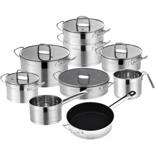 Velaze Cookware Set 14 Piece Stainless Steel Kitchen Cooking Pot & Pan Sets,Induction Safe, Saucepan, Casserole, with Glass lid